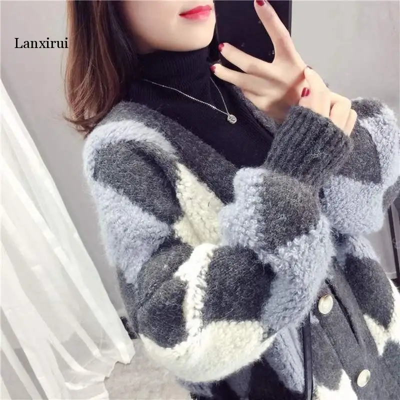 

Sweater Cardigan Women Autumn Winter Korean Thick Knit Cardigans Argyle Oversized Hit Color Knitwear Outwear Coat