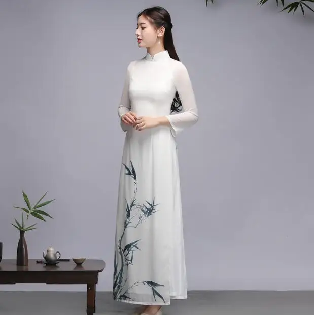 Бежевый Традиционное вьетнамское аозай весеннее платье Cheongsam платья Qipao Винтаж - Цвет: Бежевый