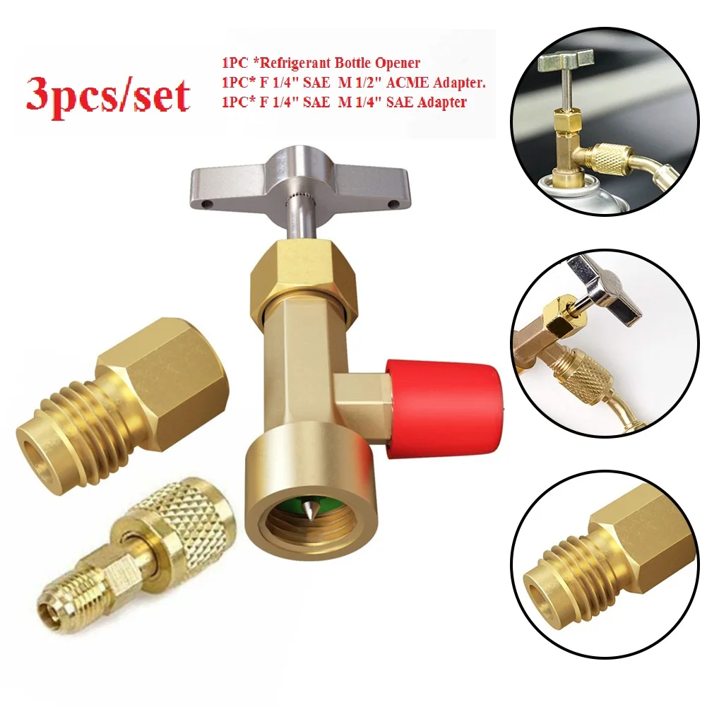 Brass Valve Tool Bottle Opener with Tank Adapter Thread 1/4 SAE and 1/2 Acme for Air Conditioner Manifold Can Tap Refrigerant Dispenser Valve for R134A R12 R22 R505 AC Charging Hose 