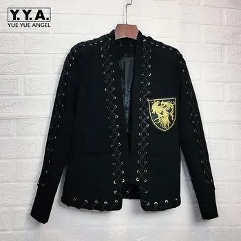 

Chic Stringing Mens Spring New Embroidery Badge Blazer Fashion Long Sleeve Single Button Casual Male Outerwear Coats Plus Size