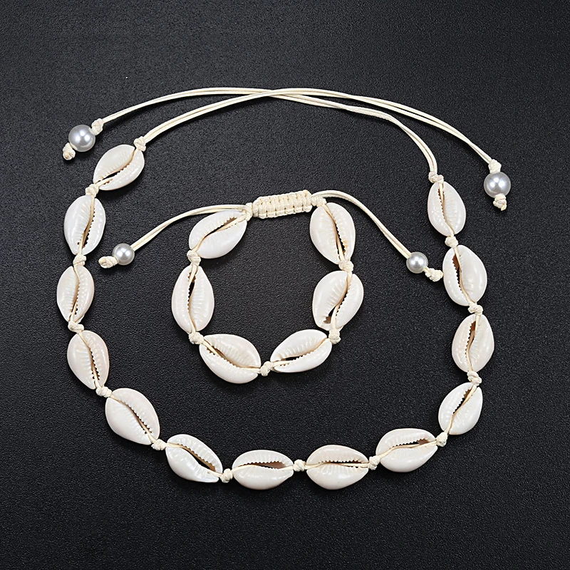 Черная веревка цепочка Puka Shell ожерелье браслет Набор Boho Seashell Каури воротник колье женщины Гавайские летние пляжные ювелирные изделия подарок для девочки