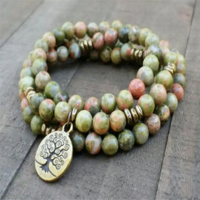 

6mm Epidote gemstone Mala Bracelet 108 Beads pendant pray Tassel yoga Fancy chain Healing cuff Chakas Lucky Wristband MONK Veins