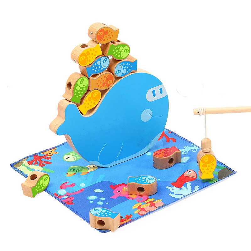  Baby Wooden Montessori Toys Multifunction Balancing Frame Fishing Beading Wood Blocks Toy Kids Stri
