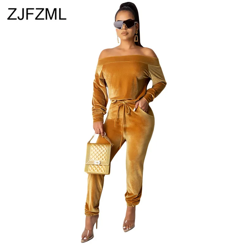 

Solid Color Velvet Two Piece Sweat Suits Women Tracksuit Slash Neck Full Sleeve Top +Drawstring Skinny Pant 2 Piece Club Outfits