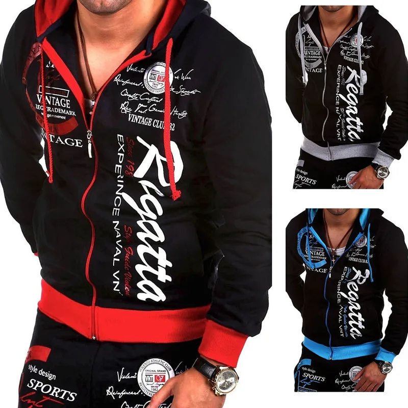 Zogaa Casual Men's Sweatsuit Autumn Men Hooded Sweatshirts+Joggers 2 Pieces Set Letter Printed Jacket Tracksuit Mens Sports Suit