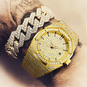 

AAA Quality Diamond Mens Gold Watch Iced Out Quartz Watches Calendar Function Royal Ap Style Oak Japan Movement Wristwatches