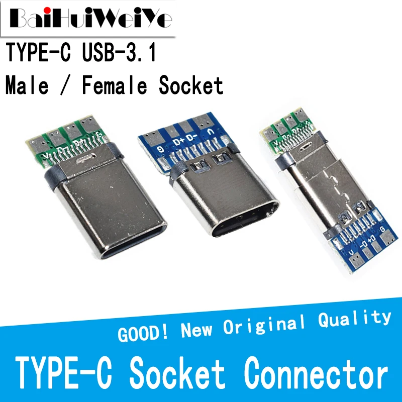 USB 3.1 Type C Connector Male / Female Socket Receptacle Adapter Solder Wire Cable 24 Pins Support PCB Board Port 10Pcs/LOT