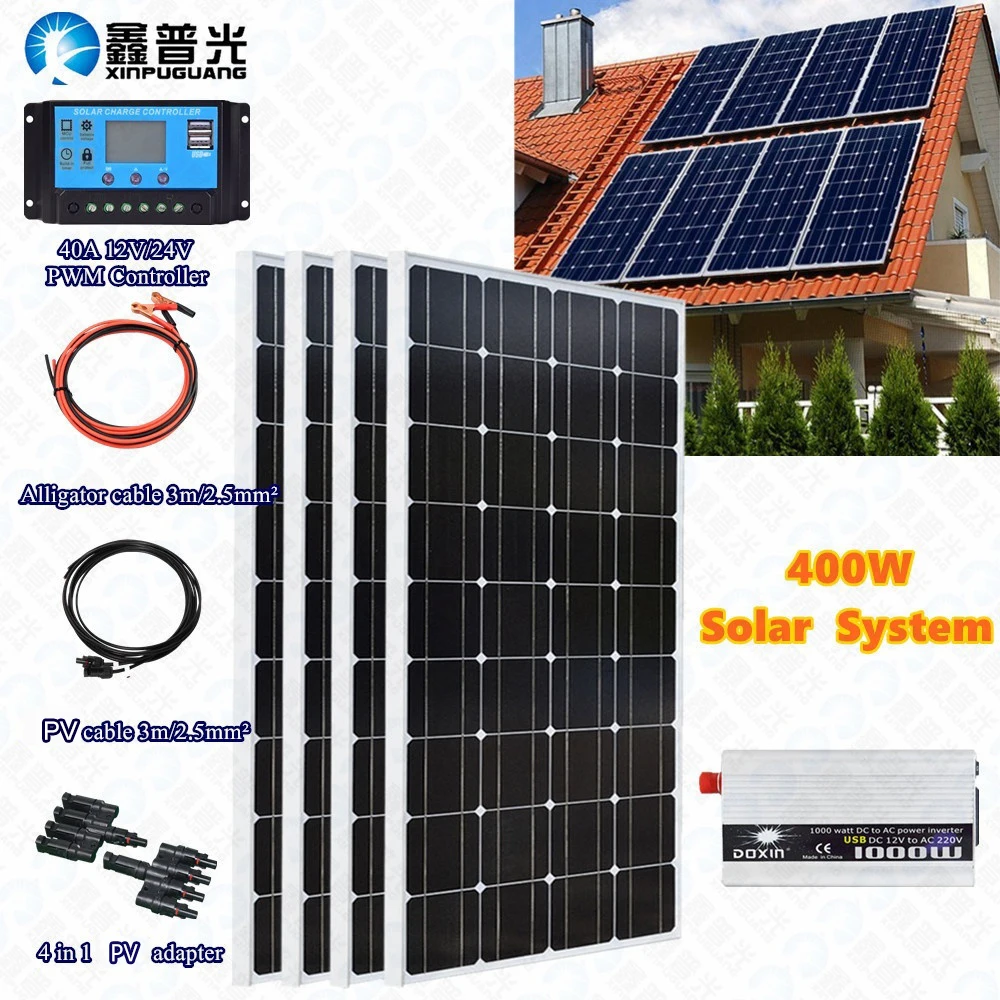 

400w Tempered glass solar panel system 40A controller regulator 110v/220v inverter for 12v Battery charge Anti-small Hail 25 Yea