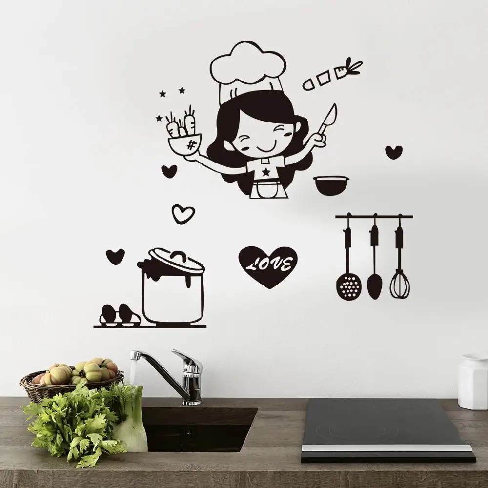 Happy Girl Chef Loves Cooking Wall Sticker Restaurant Bar Kitchen