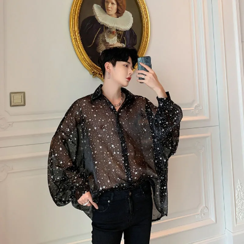 Summer mesh see-through sexy oversize men shirt stars printed large size blouse man vintage long sleeve transparent thin shirts Summer mesh see-through sexy oversize men shirt stars printed large size blouse man vintage long sleeve transparent thin shirts