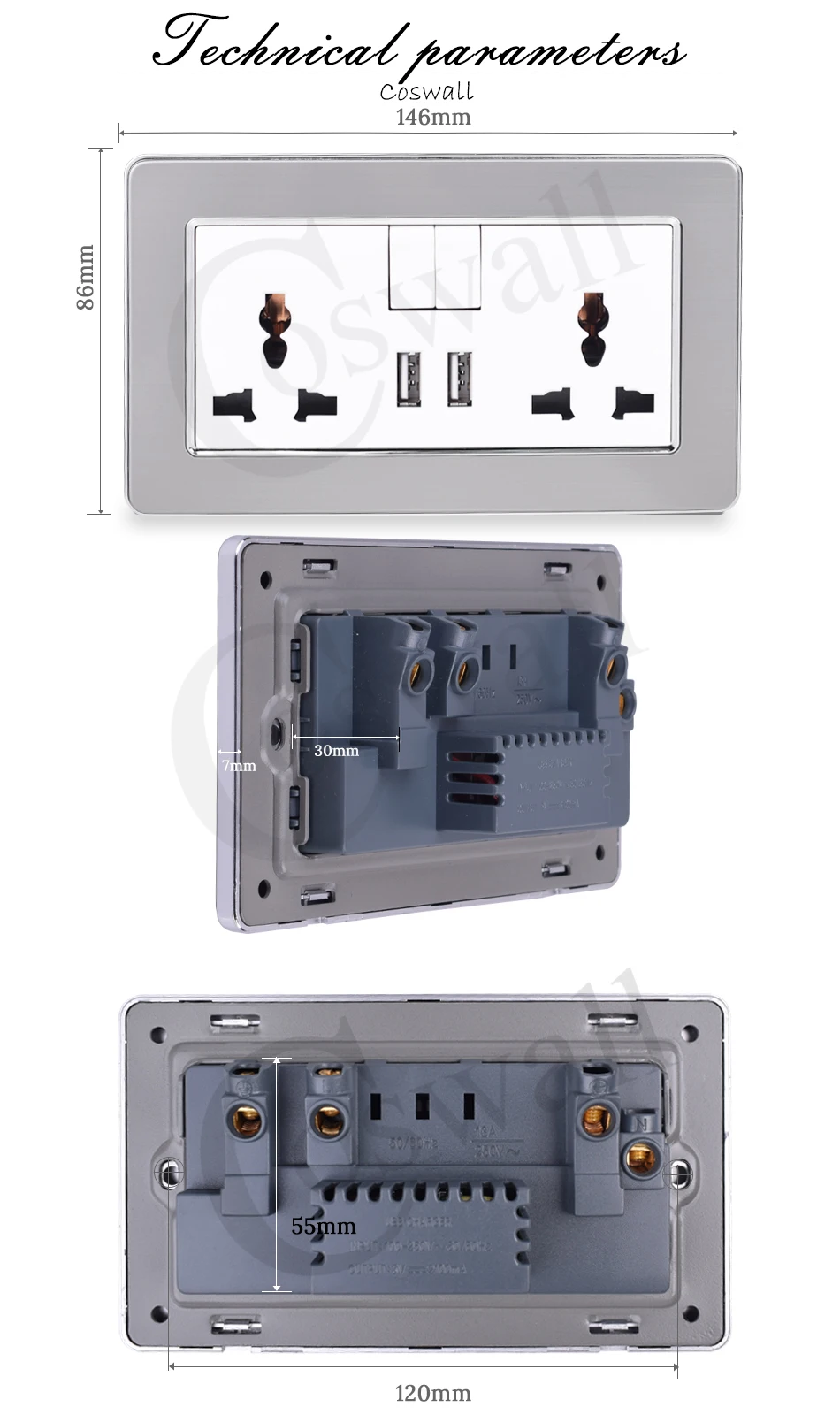 COSWALL 2 банды 13A универсальная Коммутируемая розетка двойной USB порт зарядки выход 2.1A настенная розетка из нержавеющей стали матовая панель