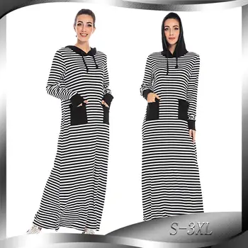 

Striped Muslim Dress Plus Size 3XL Spring Autumn Long Maxi hoodies Dress For Women with Pockets Longo Robe Longue Femme Elbise