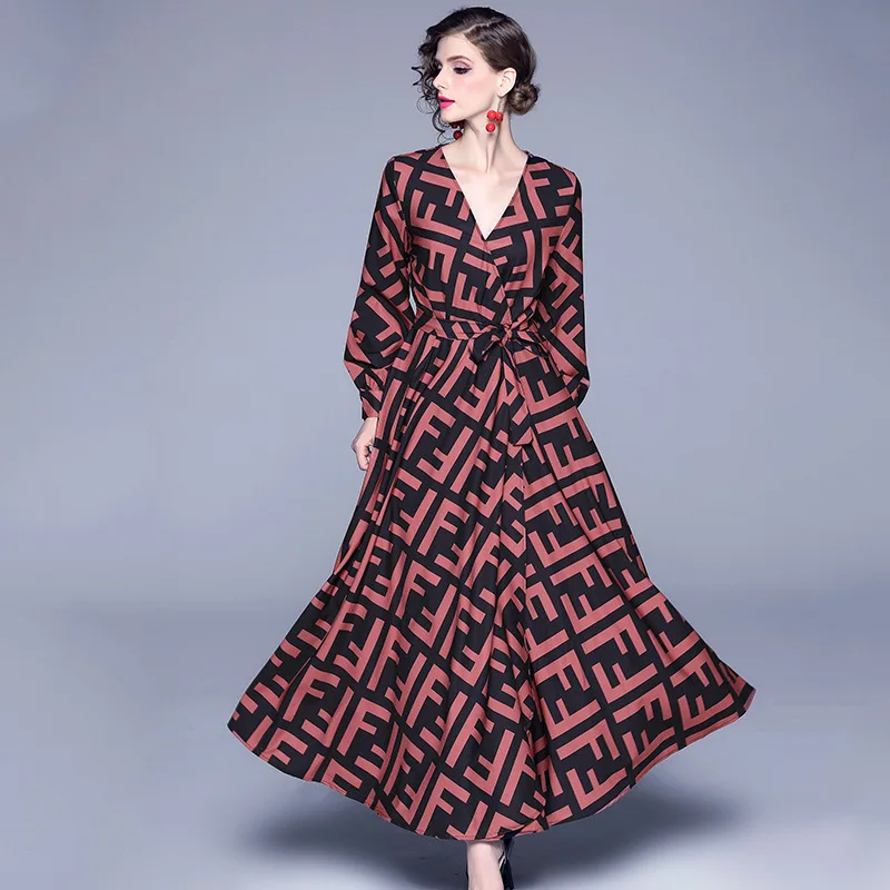 

Europe And America Printed Swinging Skirt Waist Hugging Lace-up Fashion Dress