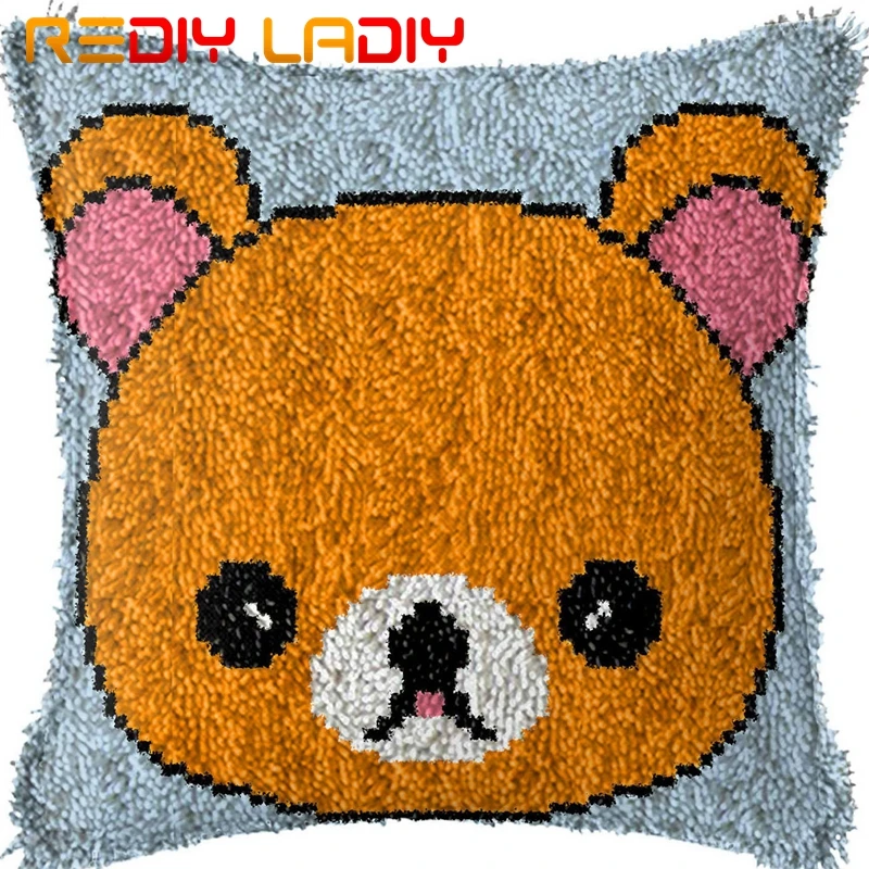 Latch Hook Cushion Sad Bear Face Pillow Case Acrylic Yarn Sofa Pillow Printed Color Canvas Crochet Cushion Cover Hobby& Crafts