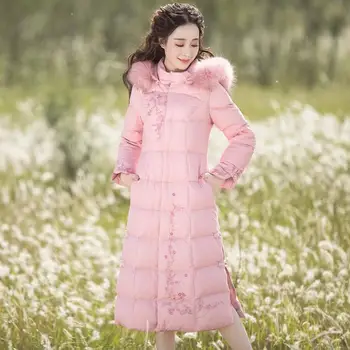 

2019 Winter women Long down Jacket female vintage Embroidery Large Raccoon Fur Collar Hooded white duck Coat Outwear r1736