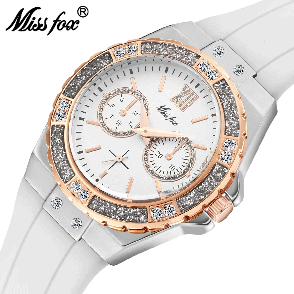 

MISSFOX 36MM White Dial Durable Mineral Glass Rose Gold-Tone Top Ring Steel Bezel White Silicon Band Fake Chrono Women Watches