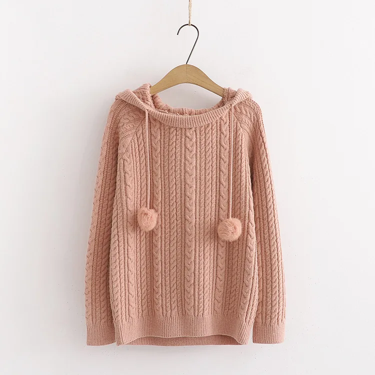 AQOIA, элегантный вязаный женский свитер, однотонный, длинный рукав, свободный, теплый, для девушек, с капюшоном, пуловер,, модная зимняя одежда