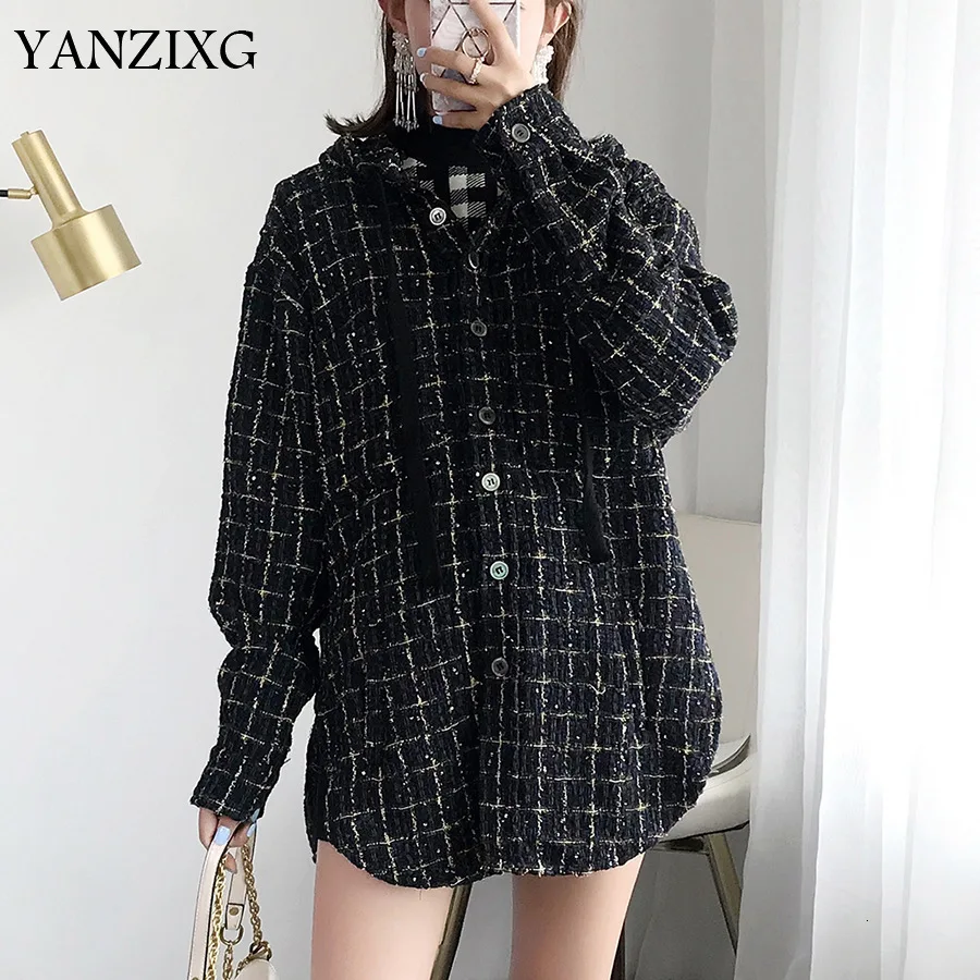 

2019 Autumn Winnter Vintage Bright Silk Lattice Hat Geometric Loose All-match Tweed Shirt Loose S780