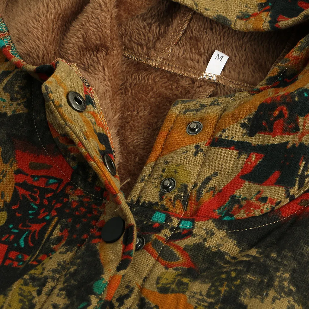 Женская куртка из флиса в этническом стиле; сезон осень-зима; теплая верхняя одежда с цветочным принтом; куртка с капюшоном и карманами; женские винтажные пальто больших размеров; пальто
