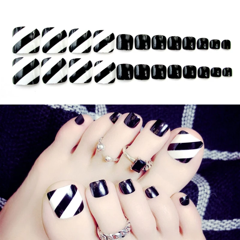 

24Pcs Foot False Nail Tips Black Fake Toes Nails Stripe Toe Art Tool Summer Gift X7YB