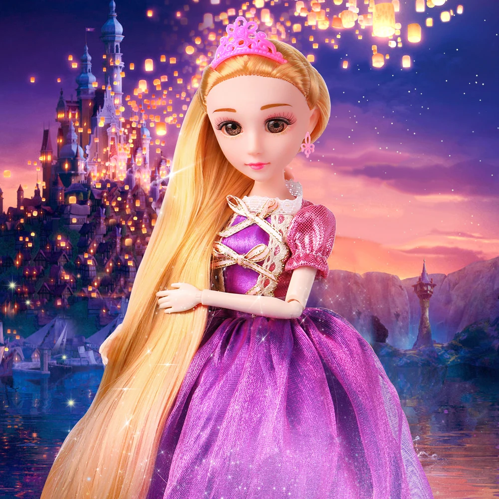 30CM Princess Doll 12 Jonits Moving Toys For Girls Rapunzel Ice White Snow Beauty Thick Full Long Blonde Hair Doll For Children