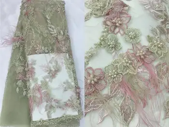 

African Lace Fabric special ZH-58986 Nigerian French Lace Fabric with feather and beads High Quality Tulle lace Fabric