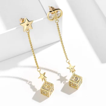

Fashion 14K Gold Rhinestone Long Tassel Dangle Earrings 3D Cubic Earrings Geometric Star Letter Drop Stud Earrings For Women