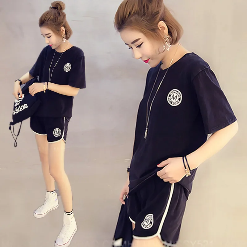 

Summer Short-sleeved WOMEN'S Pajamas Korean-style Girl'S Knitted Cotton Casual Loose-Fit Sports Students Homewear Set