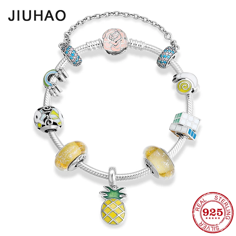 

Colourful Womens Bracelets Jewelry 925 Sterling Silver yellowGlass beads Bracelet Chain for Women DIY Jewelry