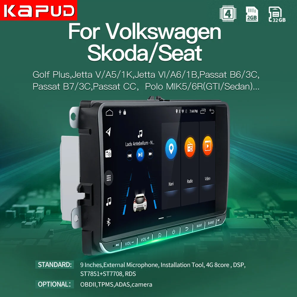 Kapud Car Radio Player Stereo Android10 9''Multimidia Autoradio Gps Classic For VW/Volkswagen/Passat/Golf/Polo/Octavia/Tiguan/B7