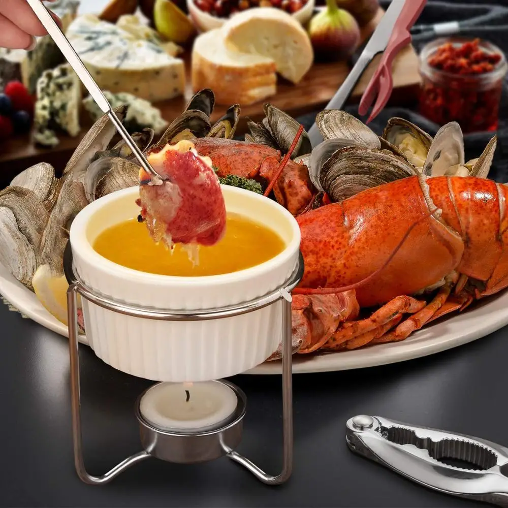 Ceramic Butter Warmer Set for Seafood, with tealight candle, mini fondue, set of 2