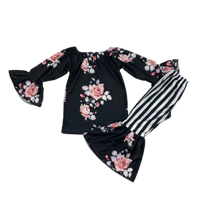 New Hot Sale Black Printed Pleated Top Striped Flare Pants Kids Sets | Мать и ребенок