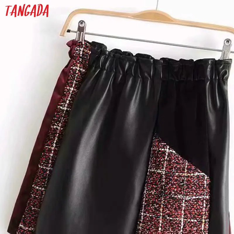 Tangada Женская мини-юбка из искусственной кожи в стиле ретро, клетчатая Лоскутная Женская Повседневная шикарная юбка из искусственной кожи 1Y08