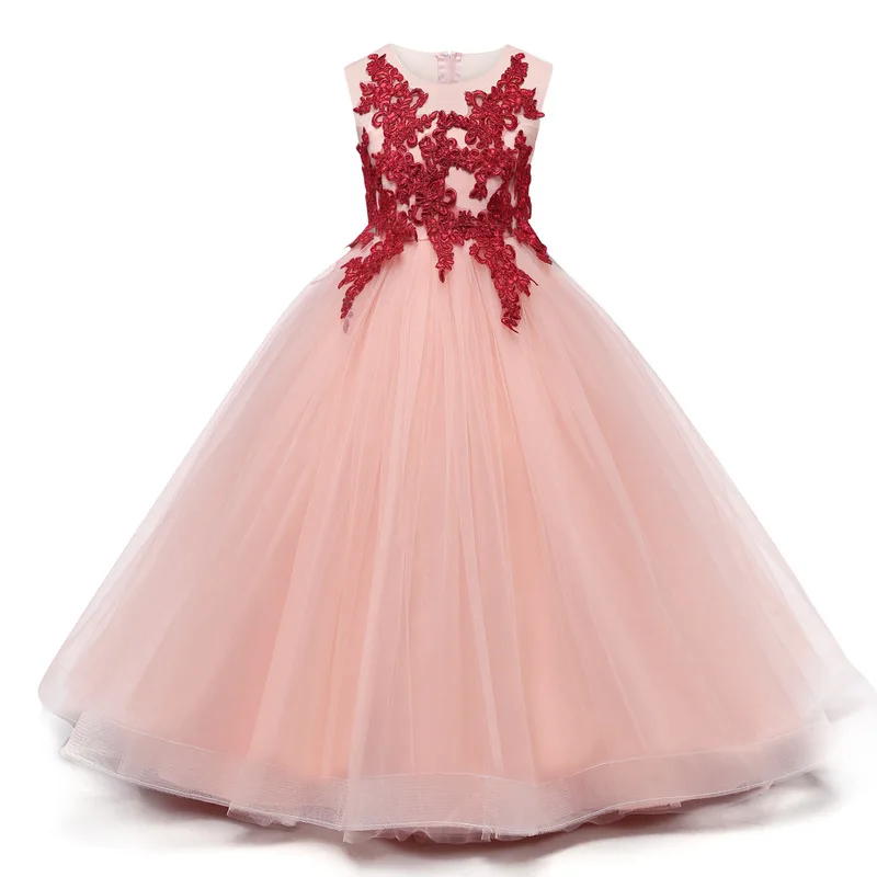 

Newest Embroidered Children's Dress Fashion Mesh Lace Princess Dress High Quality Soft Sleeveless O-neck Wedding Party Dress