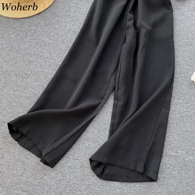 Woherb, Новое поступление, однотонный комбинезон с коротким рукавом и открытыми плечами, облегающий пояс, повседневные свободные широкие штаны, Комбинезоны для женщин, корейский стиль, 91506