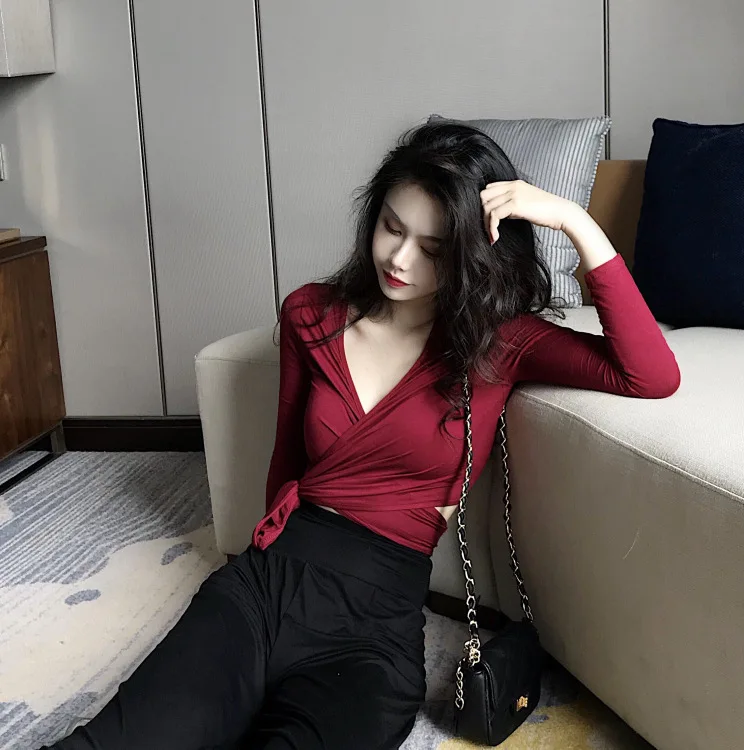 

Sexy Slim Lace-up T-shirt 2020 New V-Neck Irregular Short Cropped Cardigan Temperament Wild Exposed Navel