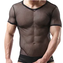 Мужские трусы, сетчатые, сексуальные, с v-образным вырезом, мужские топы, прозрачная ткань, футболки с коротким рукавом, черное Мужское нижнее белье, вечерние, клубная одежда