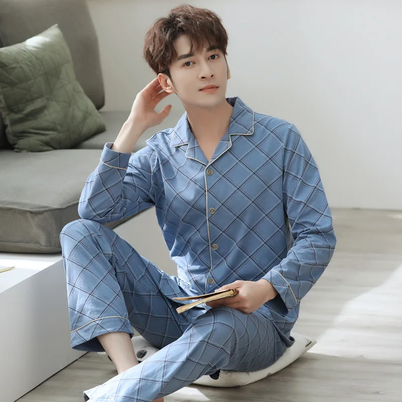

Plaid Pajamas Men Spring And Autumn Long Sleeve Pure Cotton Tight Race Top Grade Men's Tracksuit Autumn & Winter Cotton MEN'S Su
