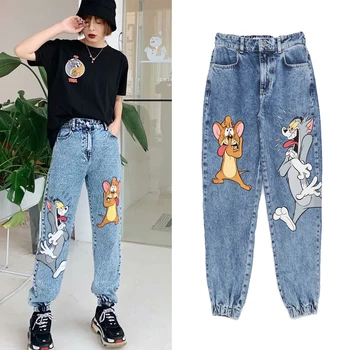

2020 cartoon printing Spring Women Jeans Casual Loose High Waist Denim Pants Trousers Vintage Pant Calca Jeans Feminina