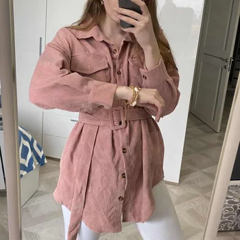 

Spring New 2020 Single-breasted Mid-length Shirt for Women Lapel Corduroy Tops Waist Pocket women's clothing