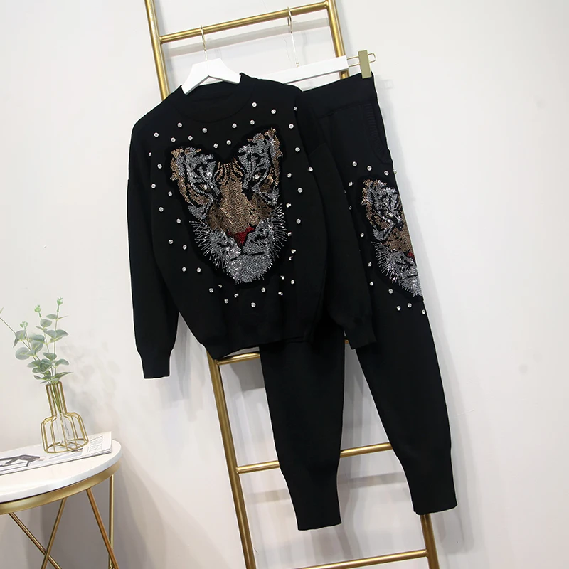 HIGH STREET, новинка, стильный подиумный костюм, набор, женский, тигр, бисер, свободный свитер, вязаные штаны, набор
