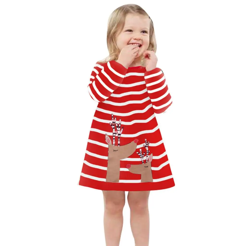 

Toddler Girl Clothes Kids Cute Baby Girls Long Sleeve Tops Deer Santa Striped Princess Dress Christmas Set Children's Clothing