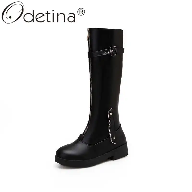 Odetina Women Fashion Chunky Mid Heel Round Toe Buckle Strap Knee High Boots Lady New Platform Front Zipper Winter Riding | Обувь