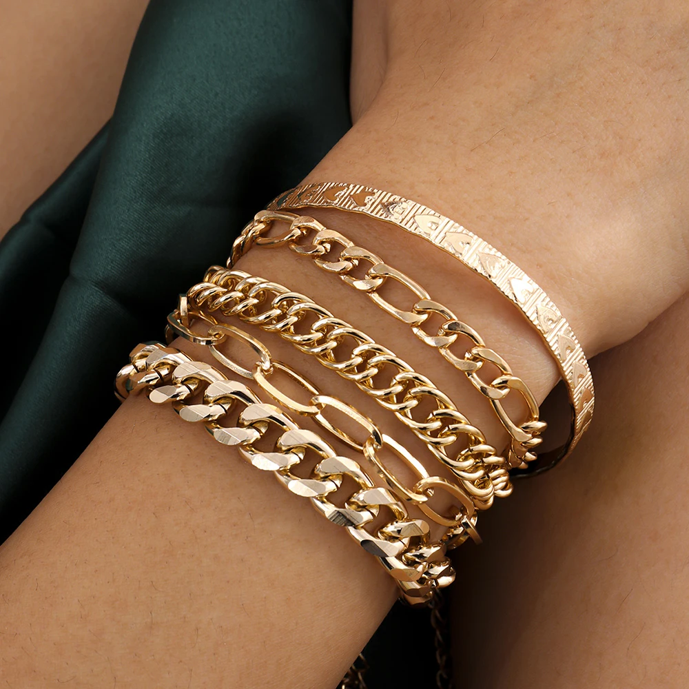 Punk Curb Cuban Chain Bracelets Set for Women Multilayer Miami Boho Thick Gold Color Charm Bracelets Bangles Fashion Jewelry