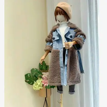 

Children denim patchwork lambswool jacket girls long thicken coat kids trench children outerwear tops 4-12T ws1836
