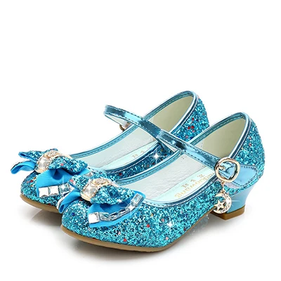 Princess Kids Leather Shoes for Girls Flower Casual Glitter Children High Heel Girls Shoes Butterfly Knot Blue Pink Silver A blue