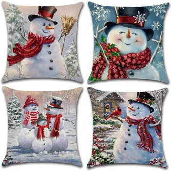 

4pcs/set Christmas Pillow Cover Old Man Snowman Printed Pillow Cover Pillow Decoration Case Holiday Decoration