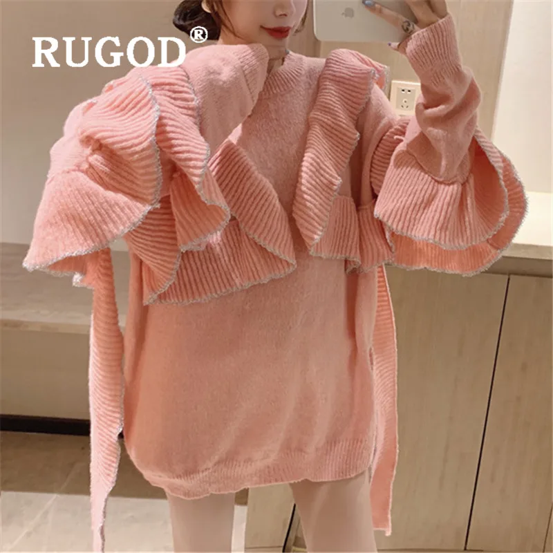 RUGOD, плюс размер, милый свитер, пуловер для женщин, с круглым вырезом, одноцветная, с оборками, вязаная туника,, модный, элегантный, женский свитер, топы