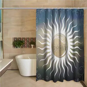 

Sun 3D Printed Shower Curtain Celestial Bodies Silhouette Geometric Elements Swirled Lines with Curves Ornamental Hotel Quality