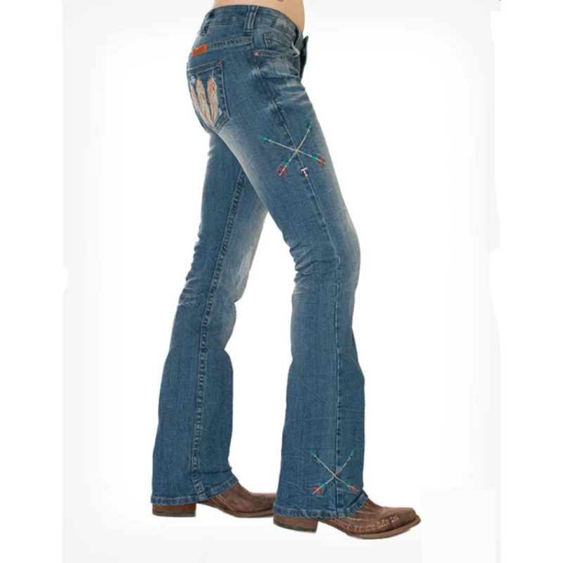 Factory direct sales Amazonwish hot-selling women's jeans feather embroidered slim size women's jeans